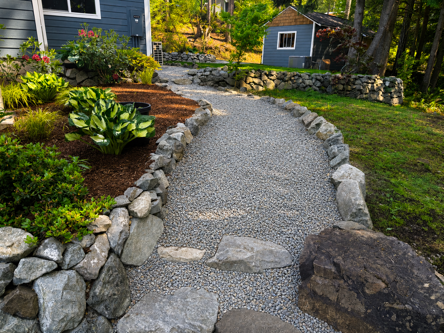 Finished gravel path with natural stone edging and drainage-friendly surface