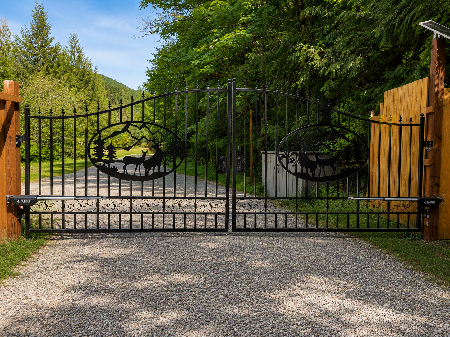 Finished decorative driveway gate between wood fence sections