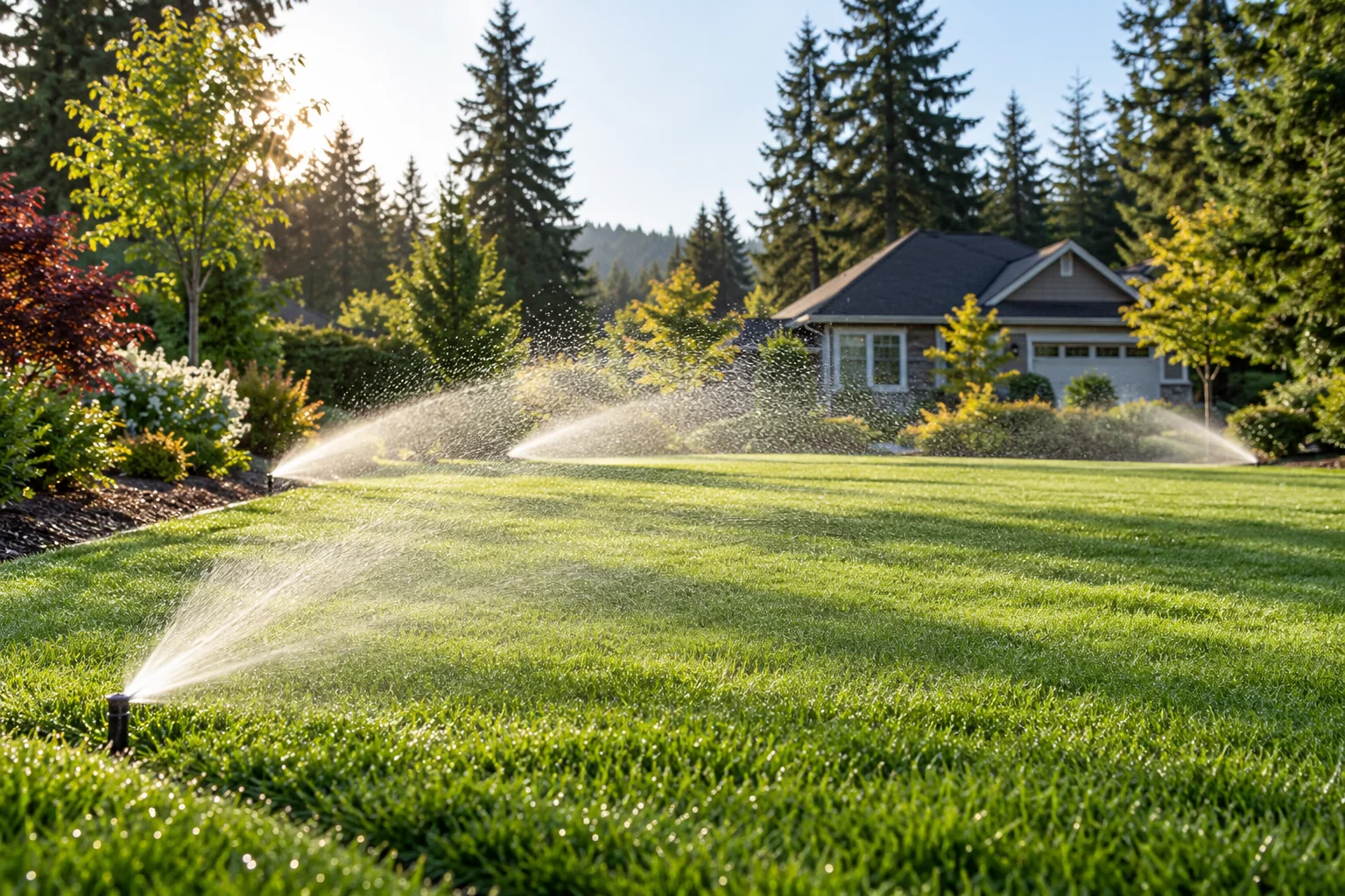 Illustration: Pop-up lawn sprinklers operating across a residential grass yard