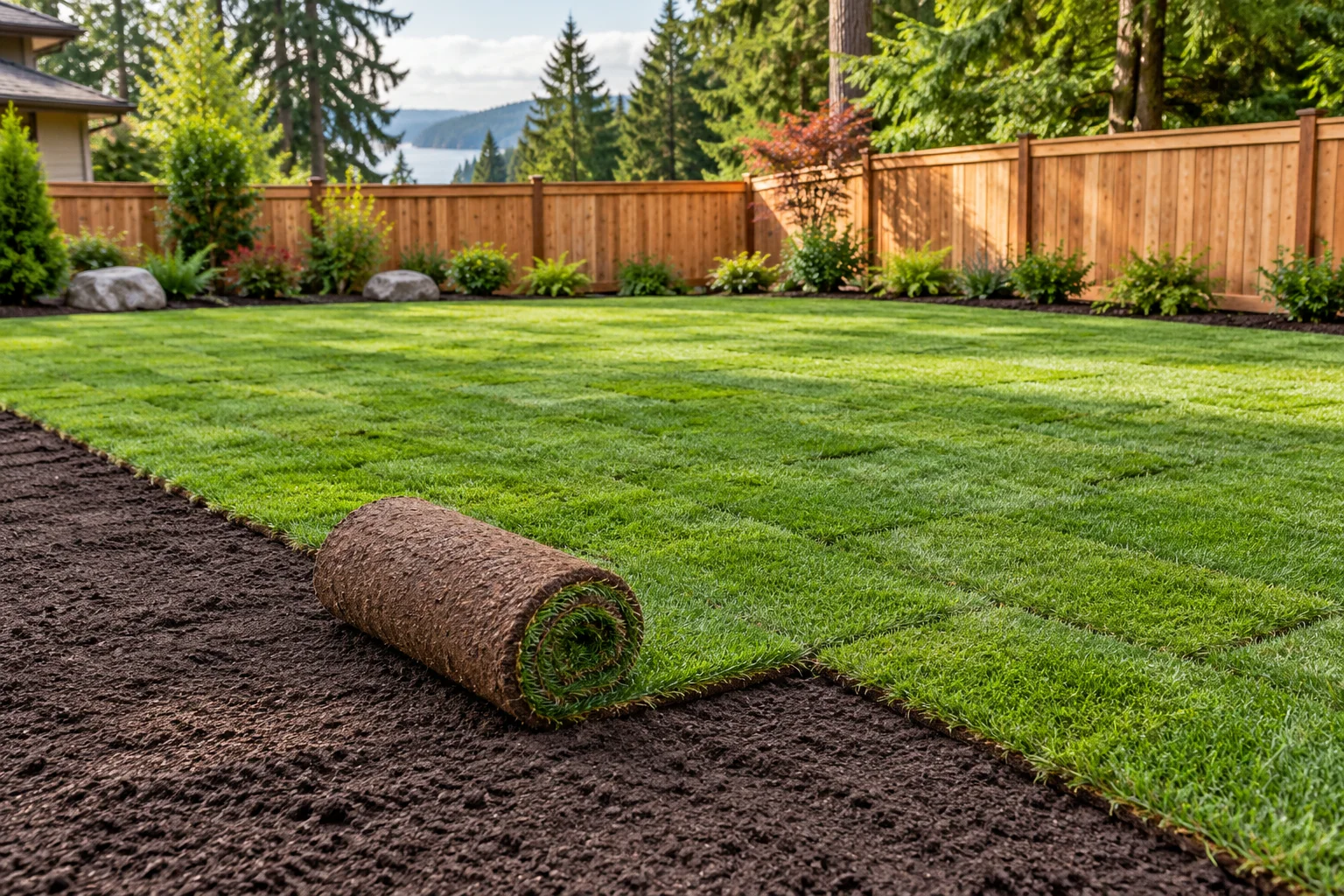 Illustration: New sod being installed over a prepared soil bed