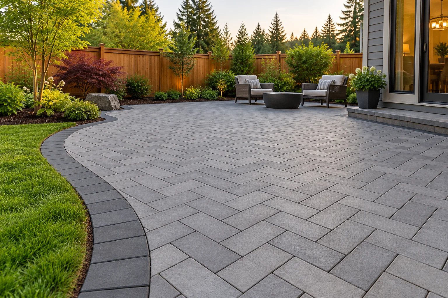 Illustration: Finished herringbone concrete paver patio with a contrasting border