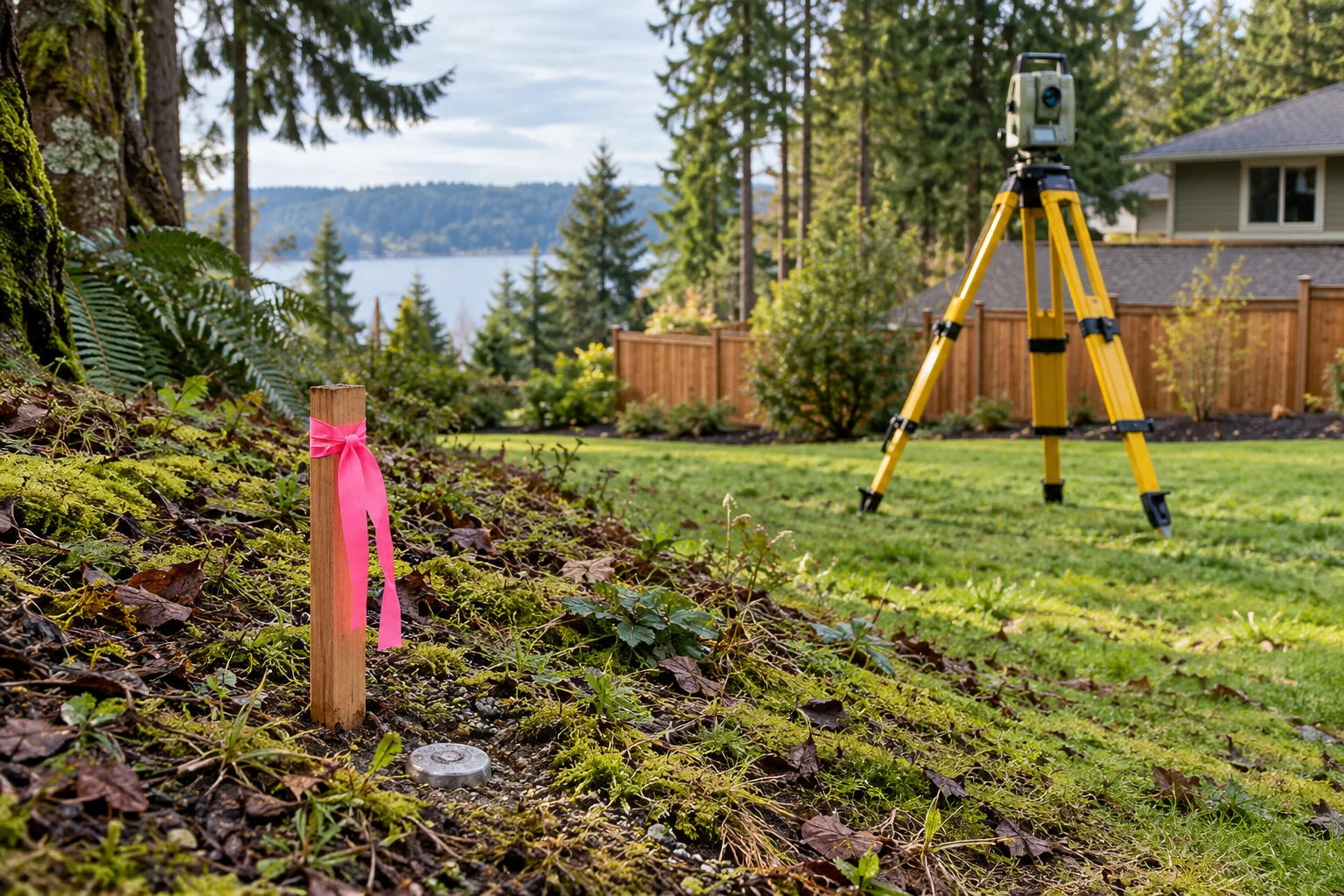Illustration: Survey marker, flagged witness stake and tripod-mounted survey instrument